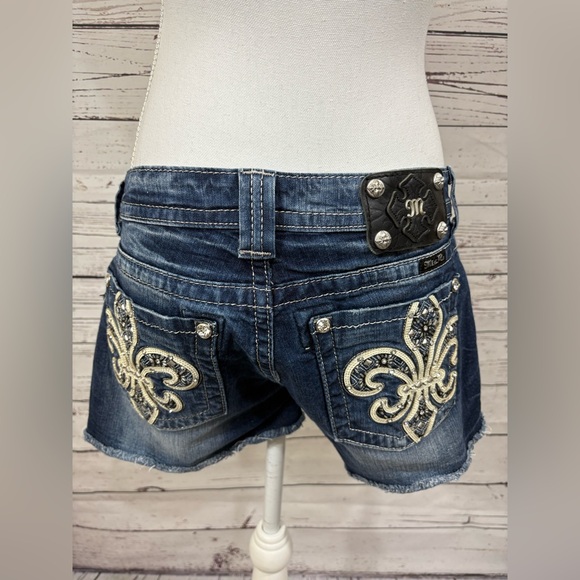 Miss Me Y2K Blue Denim Shorts with Fleur De Lis and Stud Embellishments Size 29 - Picture 7 of 8